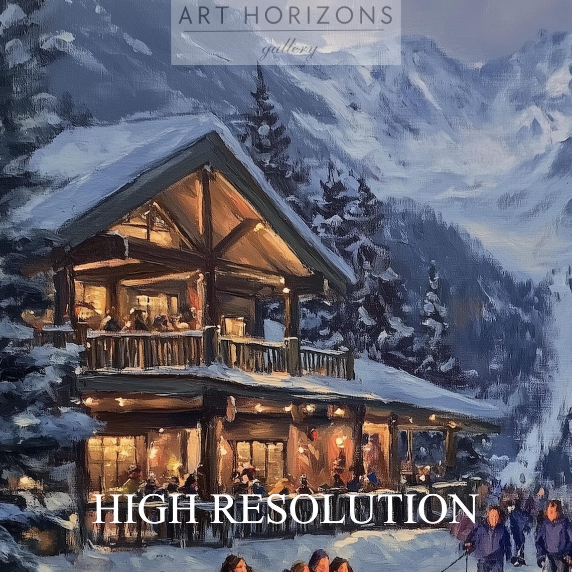 Ski Resort Lodge Bonfire Dusk Snowy Mountain Gathering Vintage Poster - Image 4