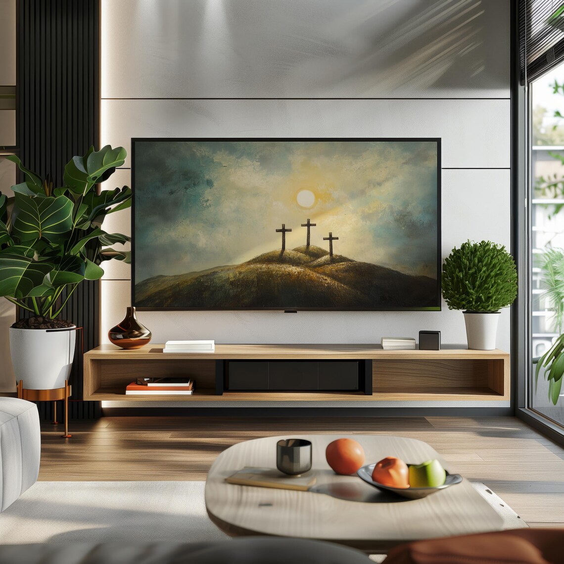 Three Crosses Calvary Hill Sunset Sky Easter Christian Religious Art Poster - Image 2