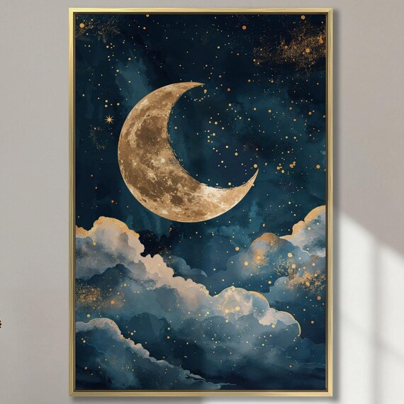 Golden Moon Starry Sky Art Print, Nursery Decor