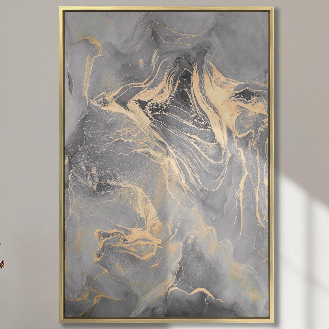 Abstract Fluid Art Print, Gray Marble With Golden Veins