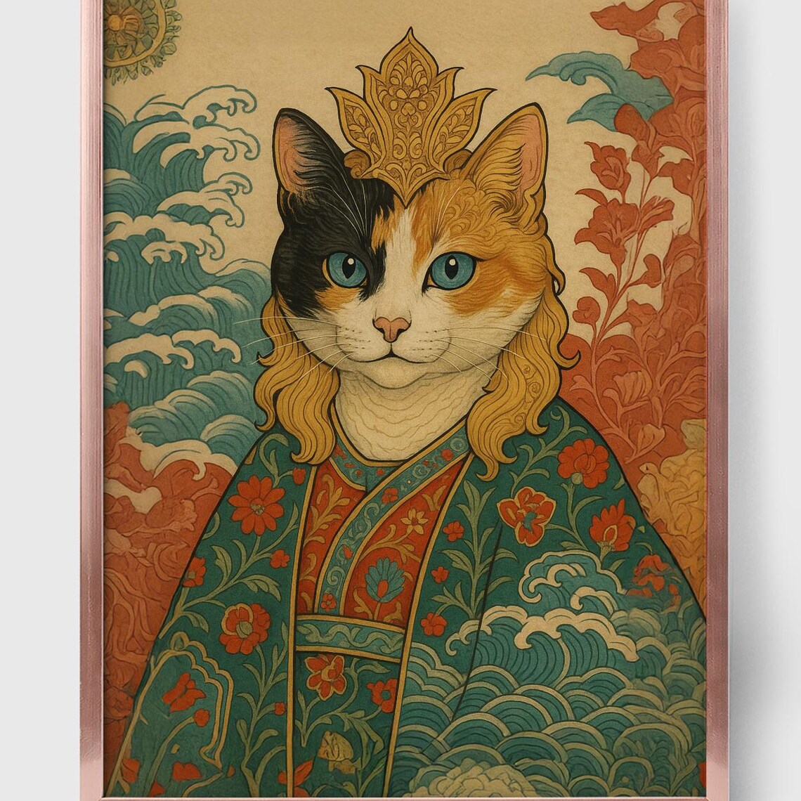 Royal Calico Cat Portrait Wearing Ornate Crown Kimono Art Print