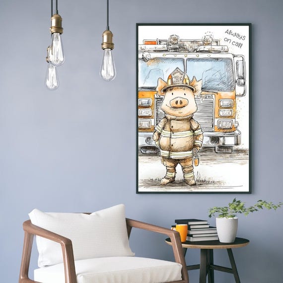 Cute Pig Art Firefighter Wall Potbelly Poster Rescue Hero Decor Parody Quirky Gift