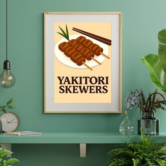 Asian Cuisine Poster Izakaya Print Yakitori Skewer Illustration Food Lover Gift Cultural Decor Art Retro Style Wall