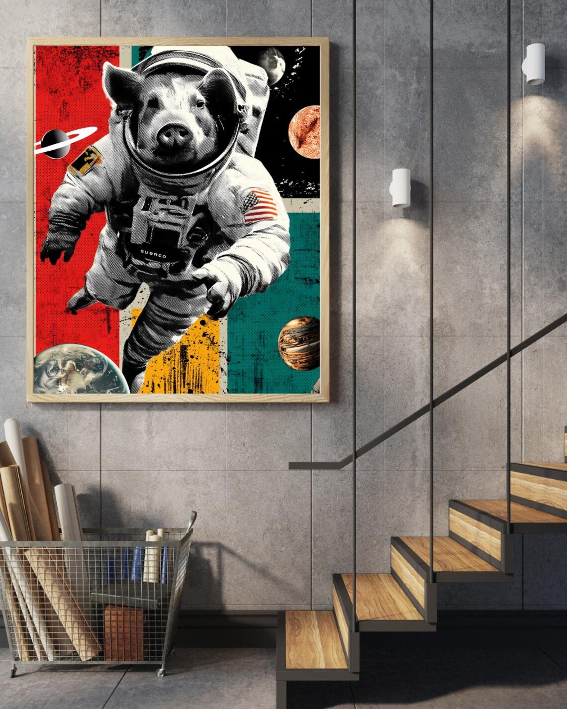 Pig Astronaut Retro Space Pop Art Bold Cosmic Whimsical Piggy Wall Poster