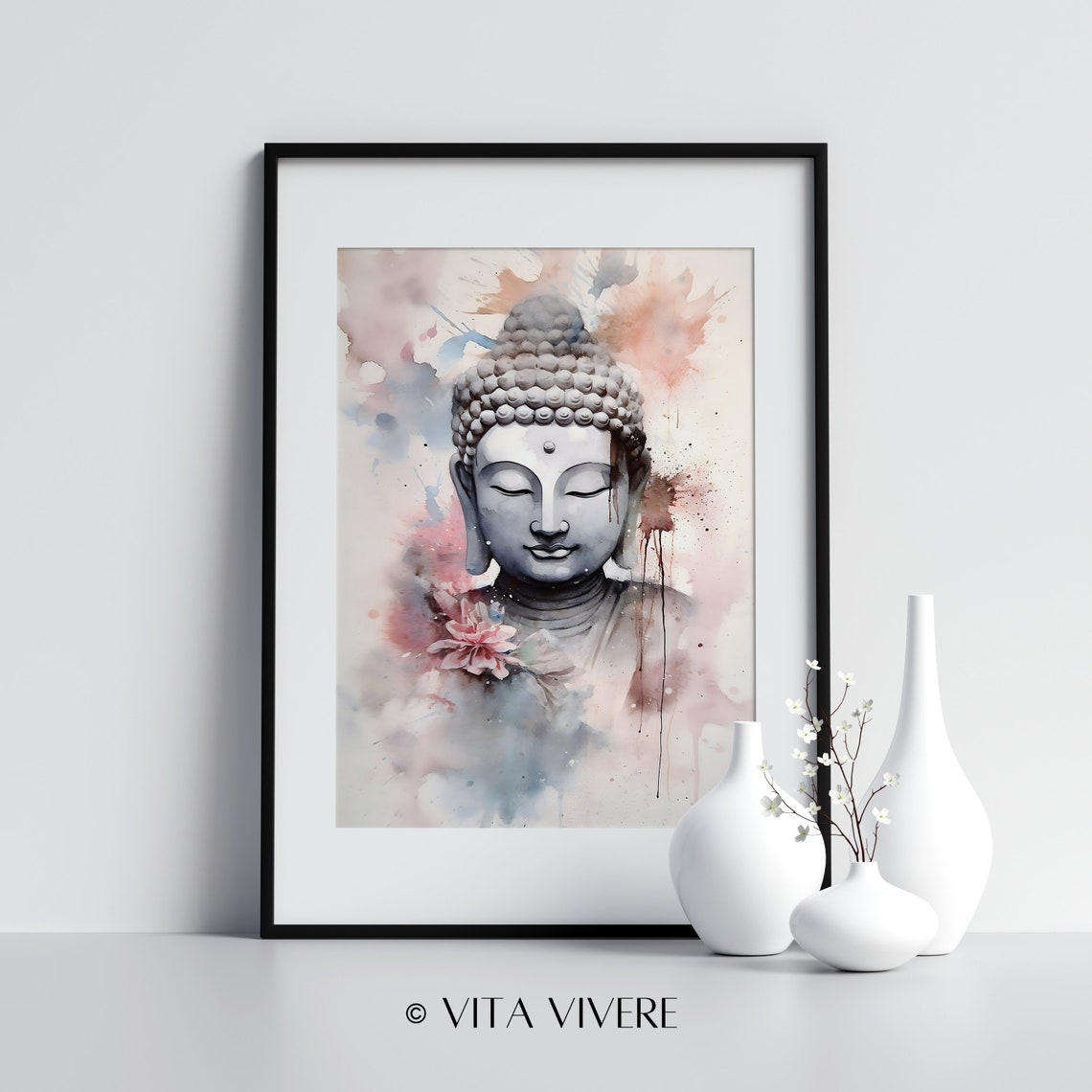 Buddha Statue Watercolor Portrait Pink Floral Meditation Wall Art - Image 3