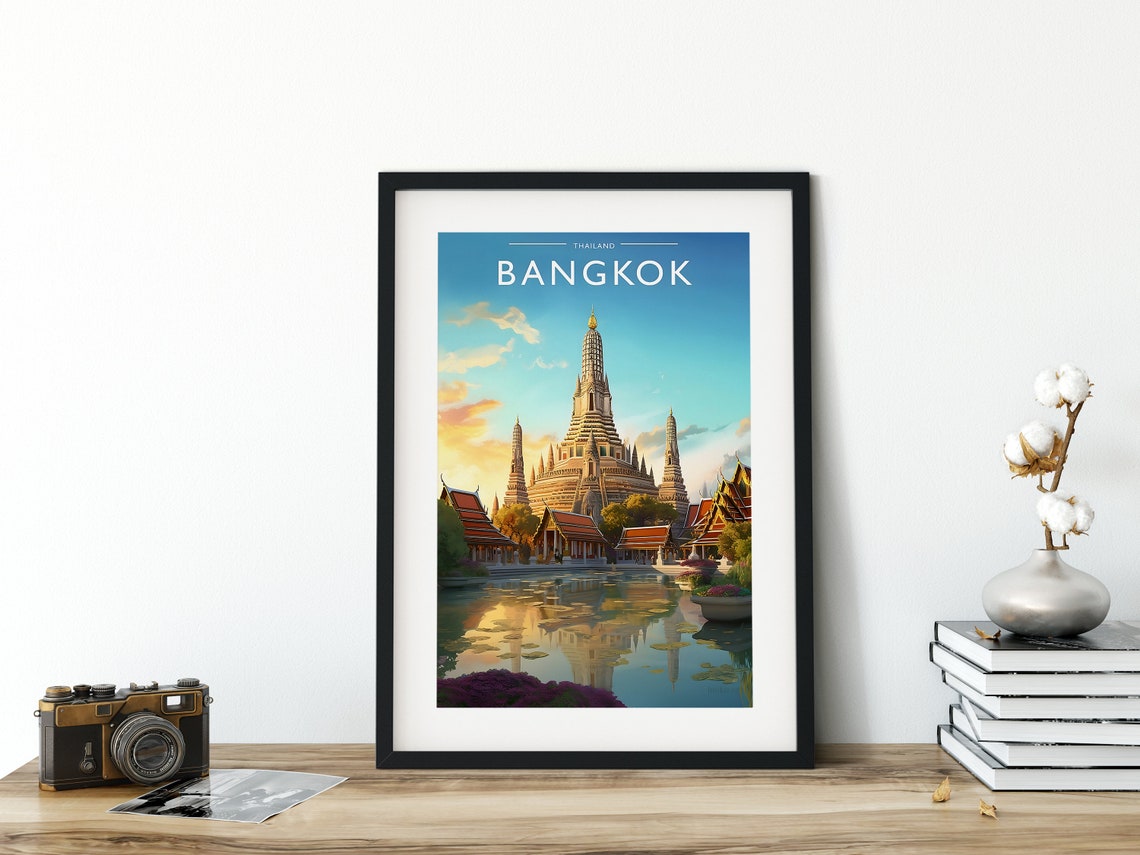 Bangkok Thailand Golden Temple Riverside Reflection Travel Poster - Image 3