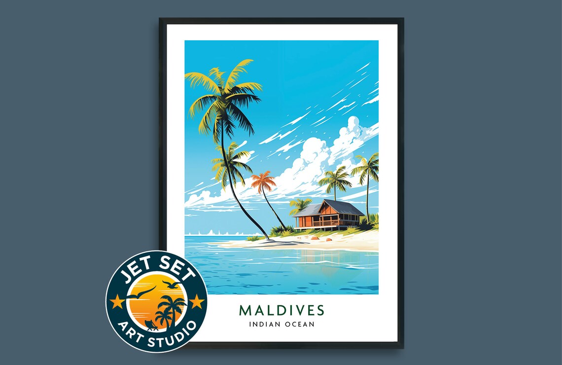 Maldives Indian Ocean Retro Travel Poster Tropical Beach Hut Art