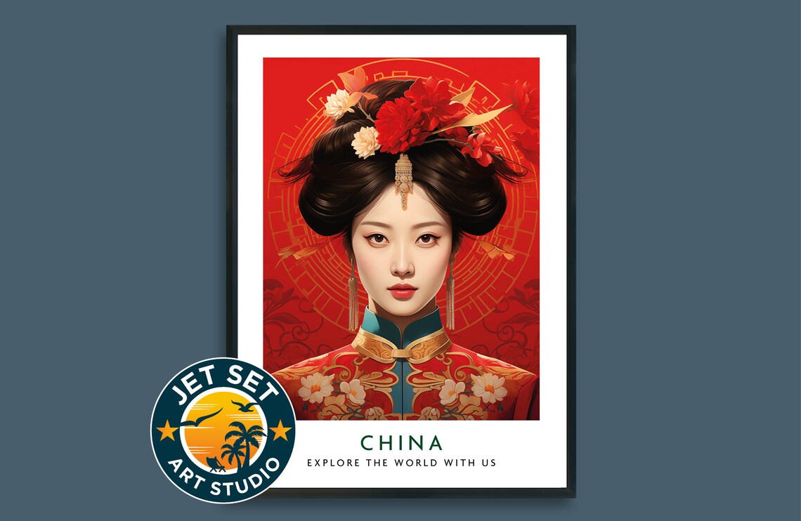 China Traditional Woman in Red Dress Vintage Style Travel Poster