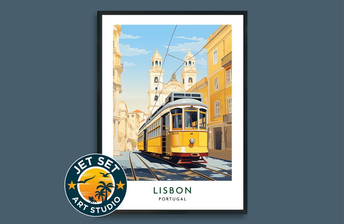 Lisbon Portugal Classic Yellow Tram Street Illustration Travel Poster