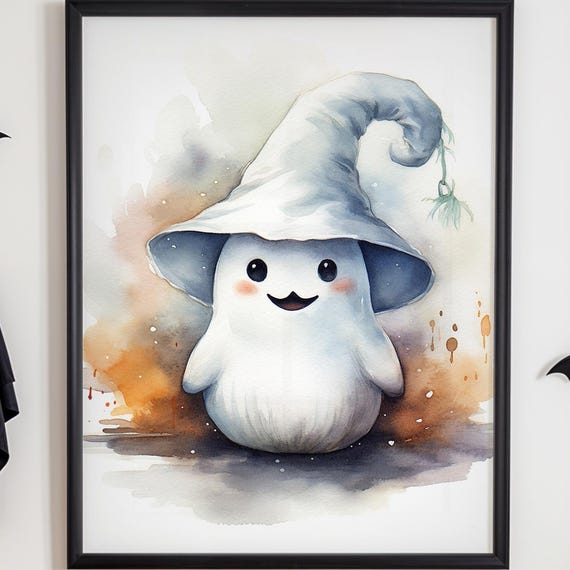 Cute Wall Art Halloween Print Witch Hat Watercolor Poster Cozy Fall Nursery Kids Room Decor Spooky Gift