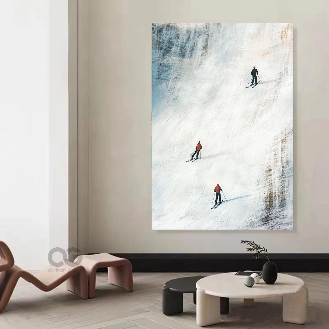 Three Skiers Blue Grey Textured Mountain Slope Winter Sport Art Poster - Image 2