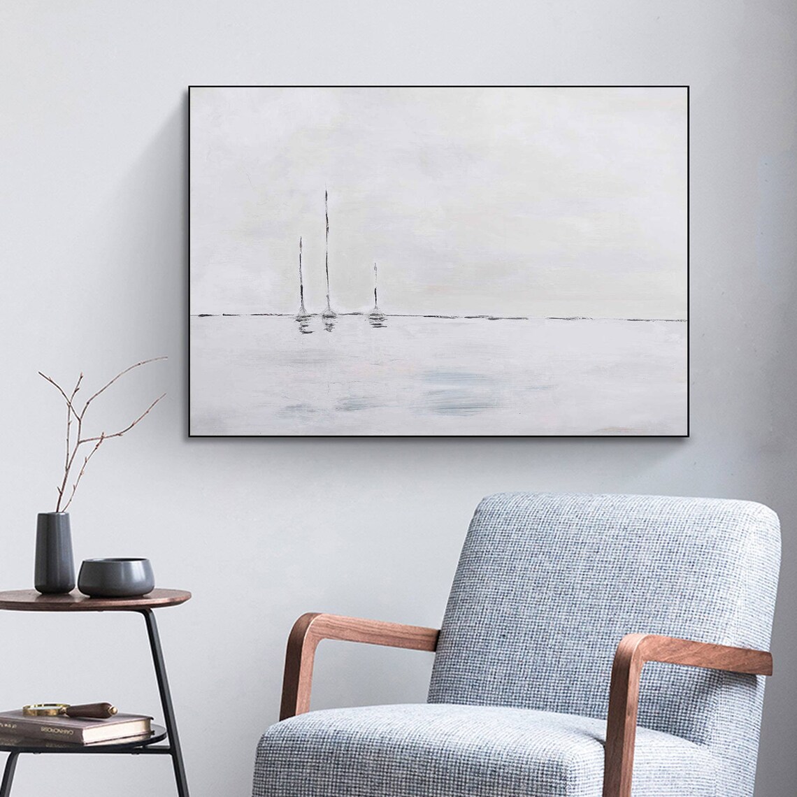 Minimalist Black White Sailboats Misty Sea Calm Horizon Art Poster - Image 4