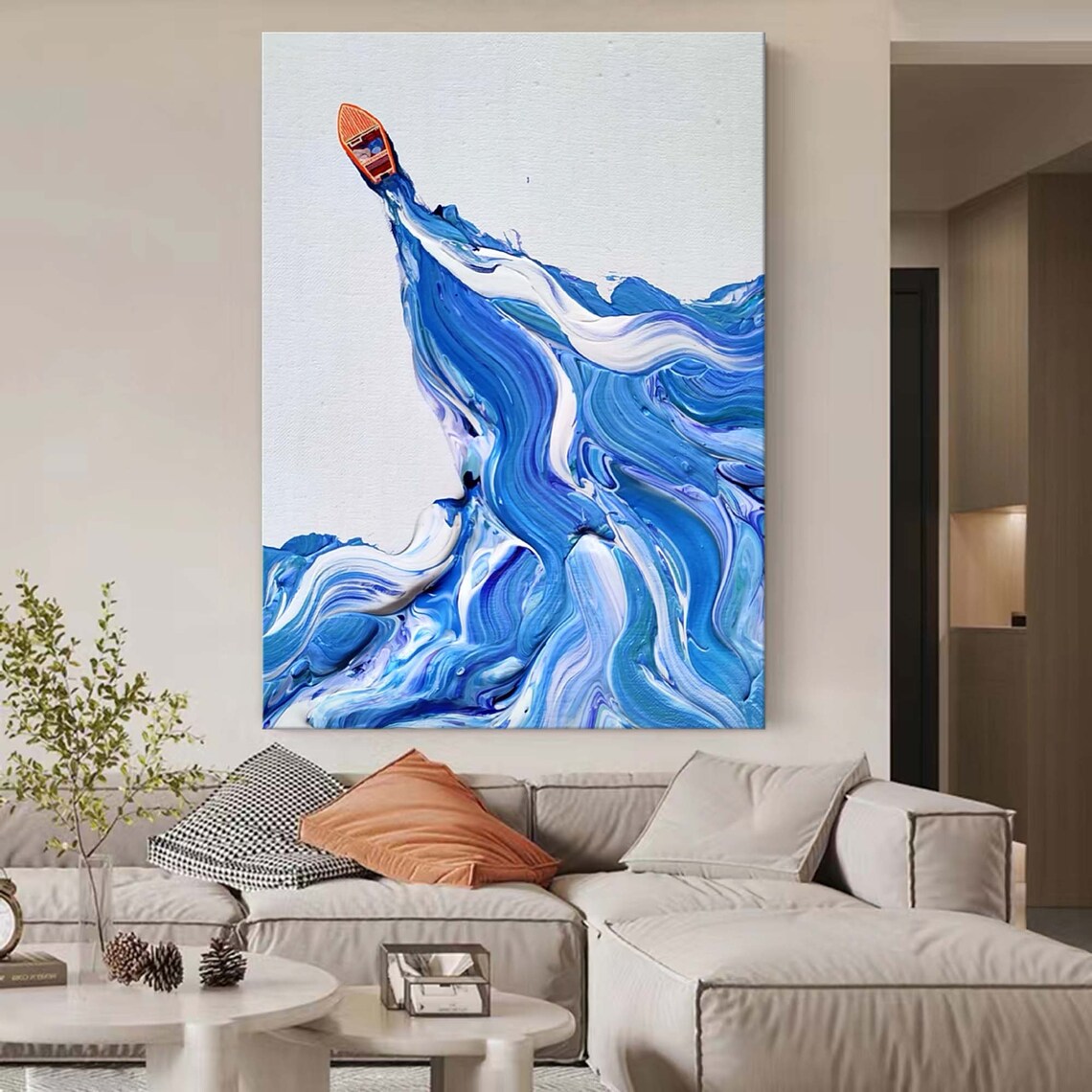 Abstract Boat Painting, Beach Ocean Wave Art Print - Image 4