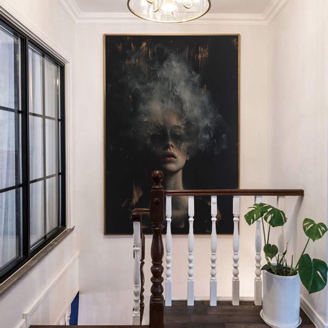 Dark Moody Woman Portrait Smoke Cloud Ethereal Black Gold Abstract Poster - Image 3