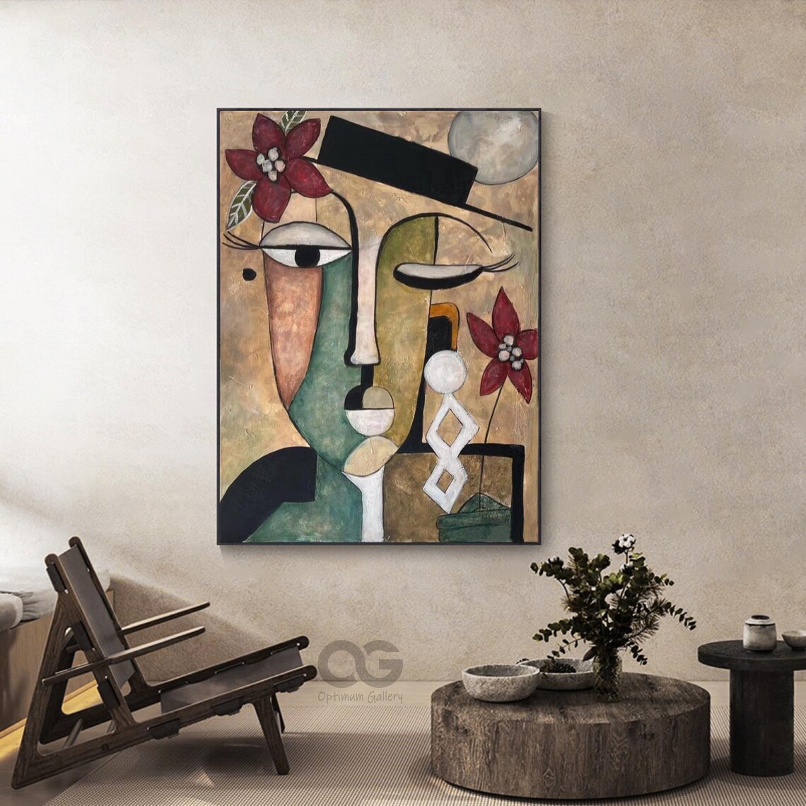 Abstract Face Black Hat Red Flowers Beige Green Split Portrait Art Poster - Image 3