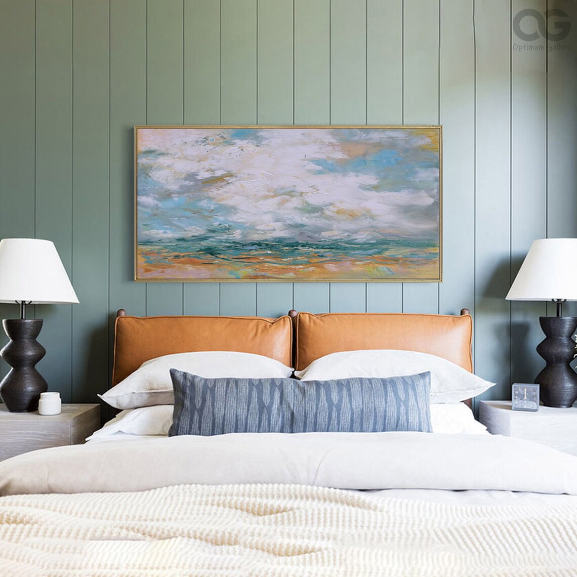 Abstract Seascape Painting Cloudy Sky Golden Sea Panoramic Beach Wall Art Poster - Image 4