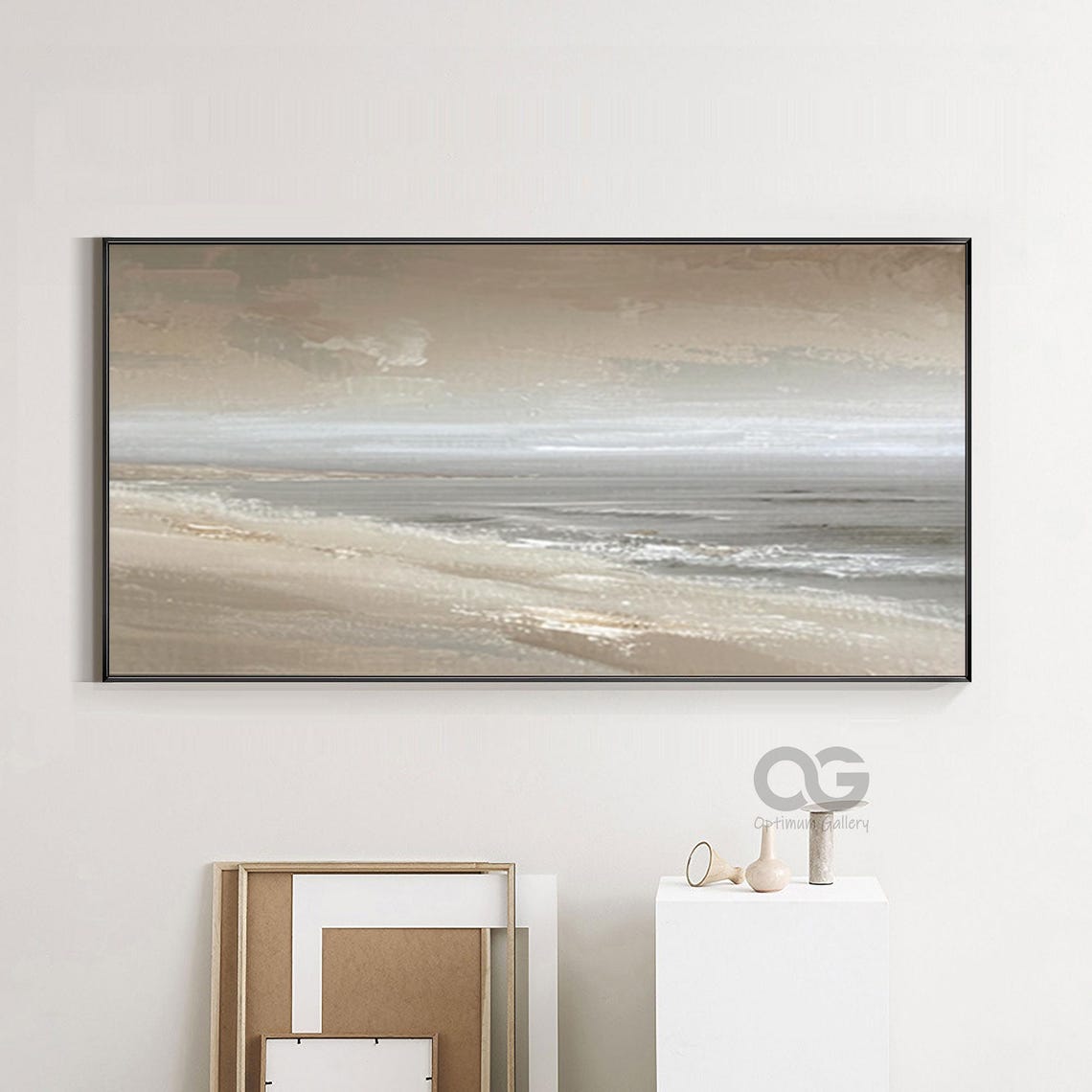 Soft Beige Misty Shoreline Minimal Panoramic Seascape Beach Poster - Image 2
