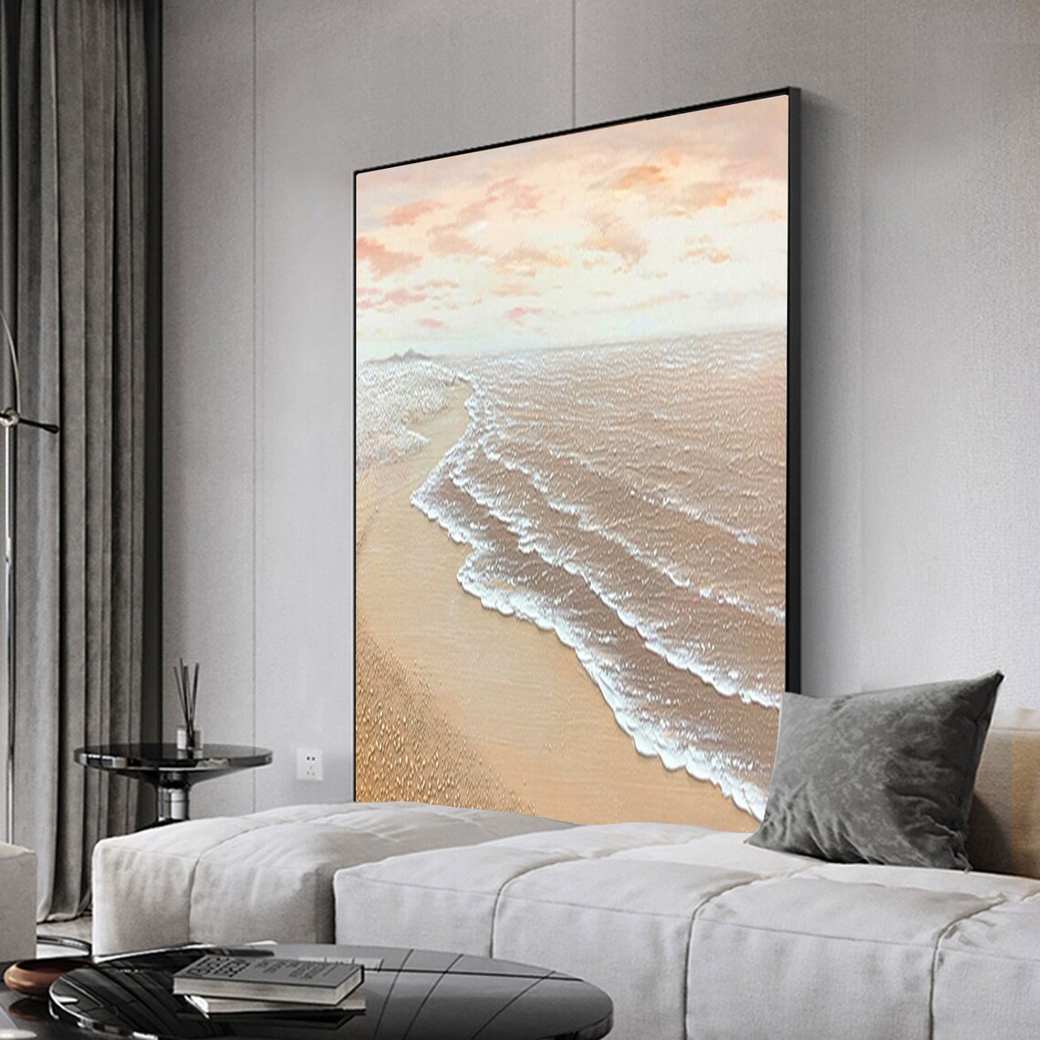 Sunrise Pink Sky White Foam Waves Golden Sand Beach Coastal Scene Poster - Image 5