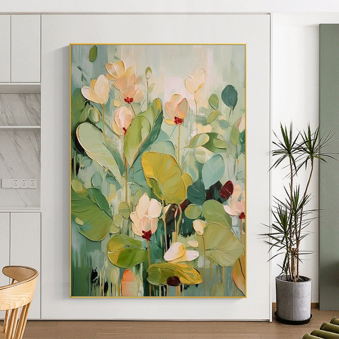 Original Garden Painting On 3dtexture Painting Green Wall Art Colorful Flower Painting Living Room Wall Art Teal Luxurious Floral Art