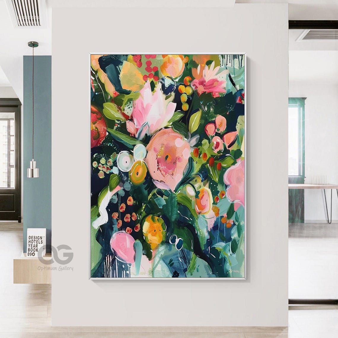 Original Garden Painting On Texture Painting Green Wall Art Colorful Flower Painting Living Room Wall Art Teal Luxurious Floral Art - Image 3