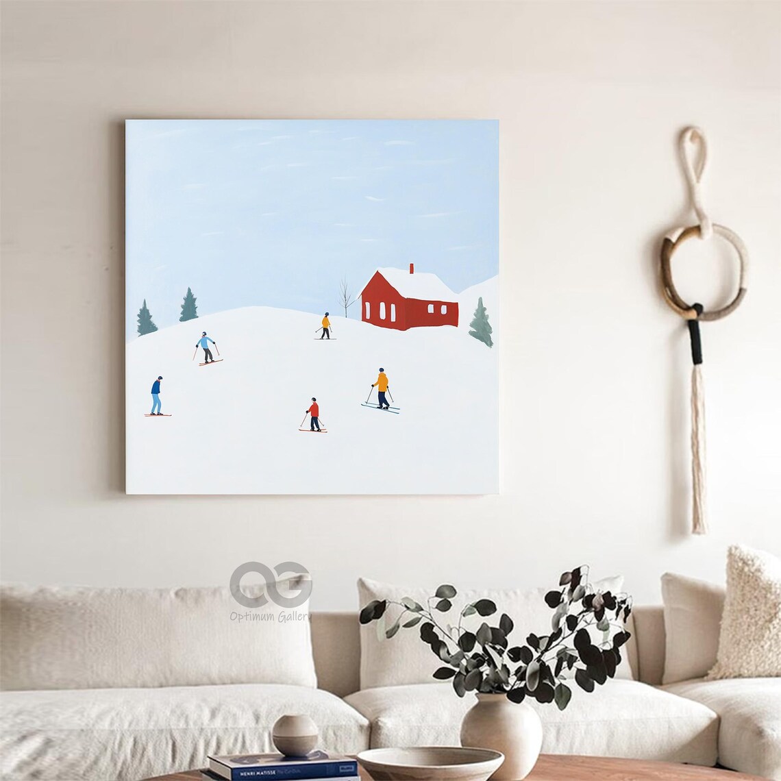 Cheerful Skiers Red Cabin Snowy Slope Winter Illustration Art Poster - Image 4