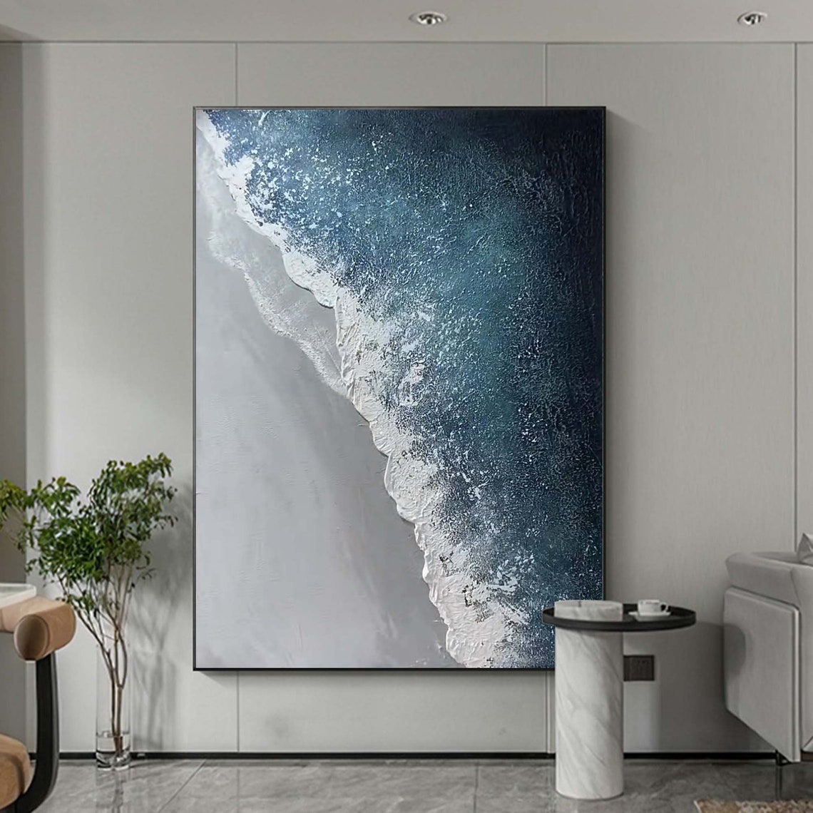 Moody Navy Wave Foam Diagonal Aerial Grey Shore Vertical Art Poster - Image 5