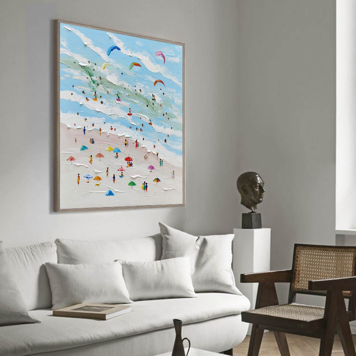 Sunny Beach Umbrellas Kitesurfers Textured Waves Crowded Shore Poster - Image 2