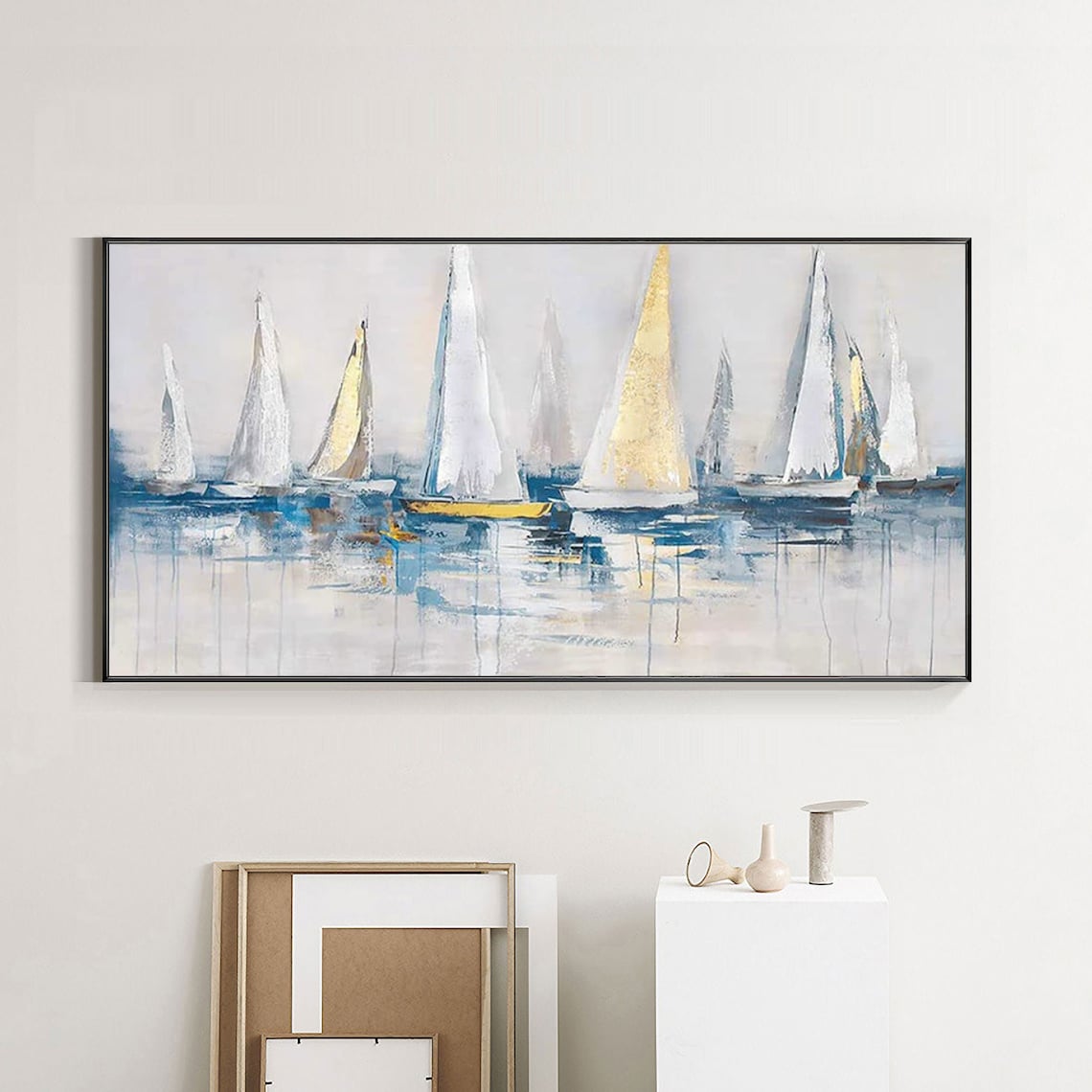 Sailboat Party Harbor Landscape, Oil Painting Art Print - Image 5