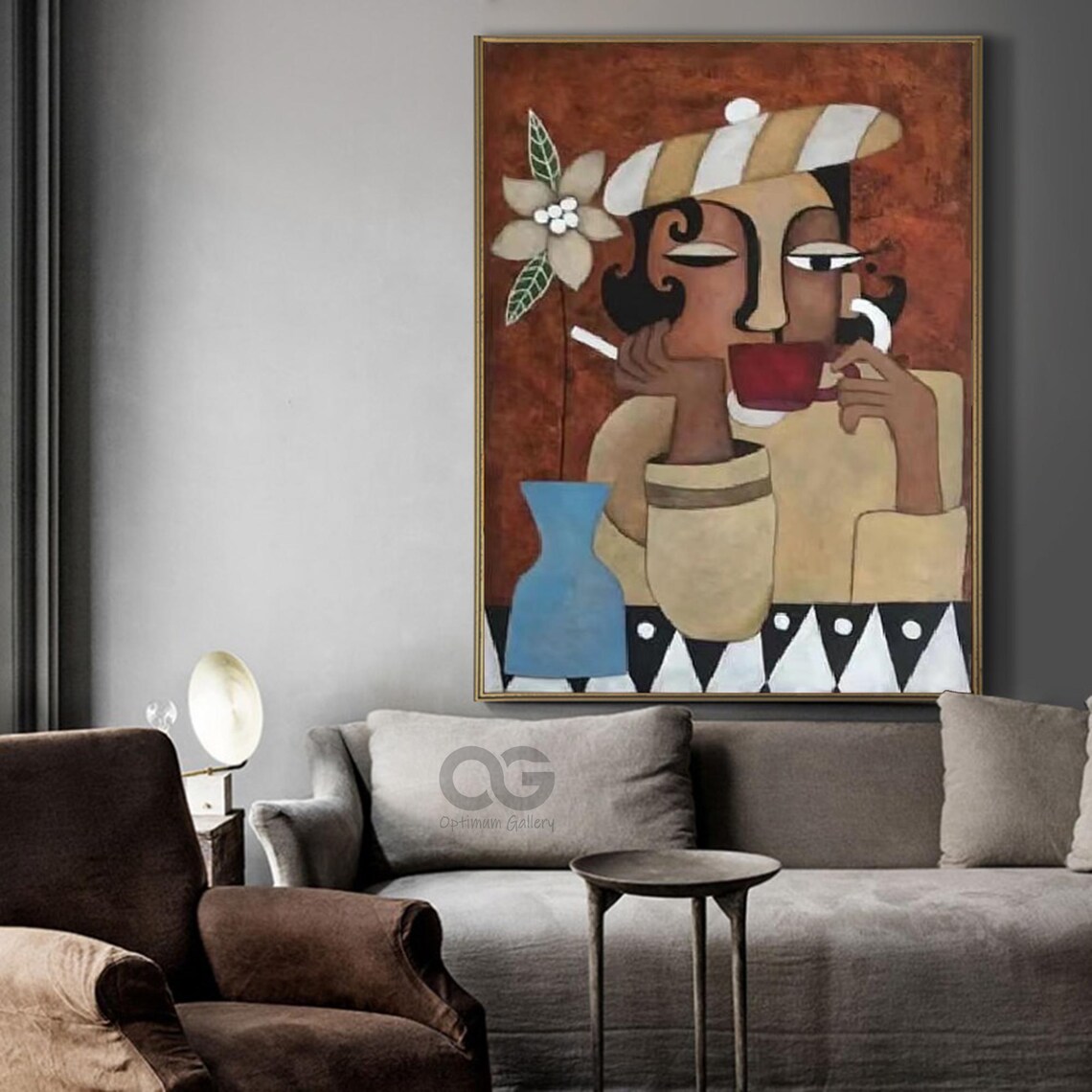 Woman Drinking Coffee Striped Hat Warm Red Abstract Figurative Art Poster - Image 5