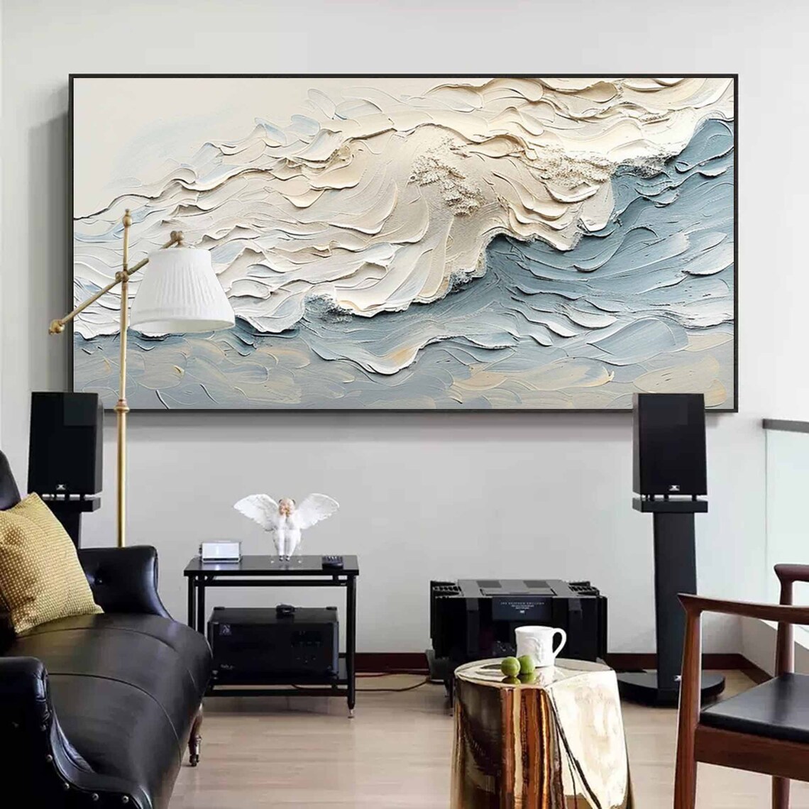 White Cream Blue Textured Ocean Waves Gold Framed Painting Modern Wall Art - Image 5