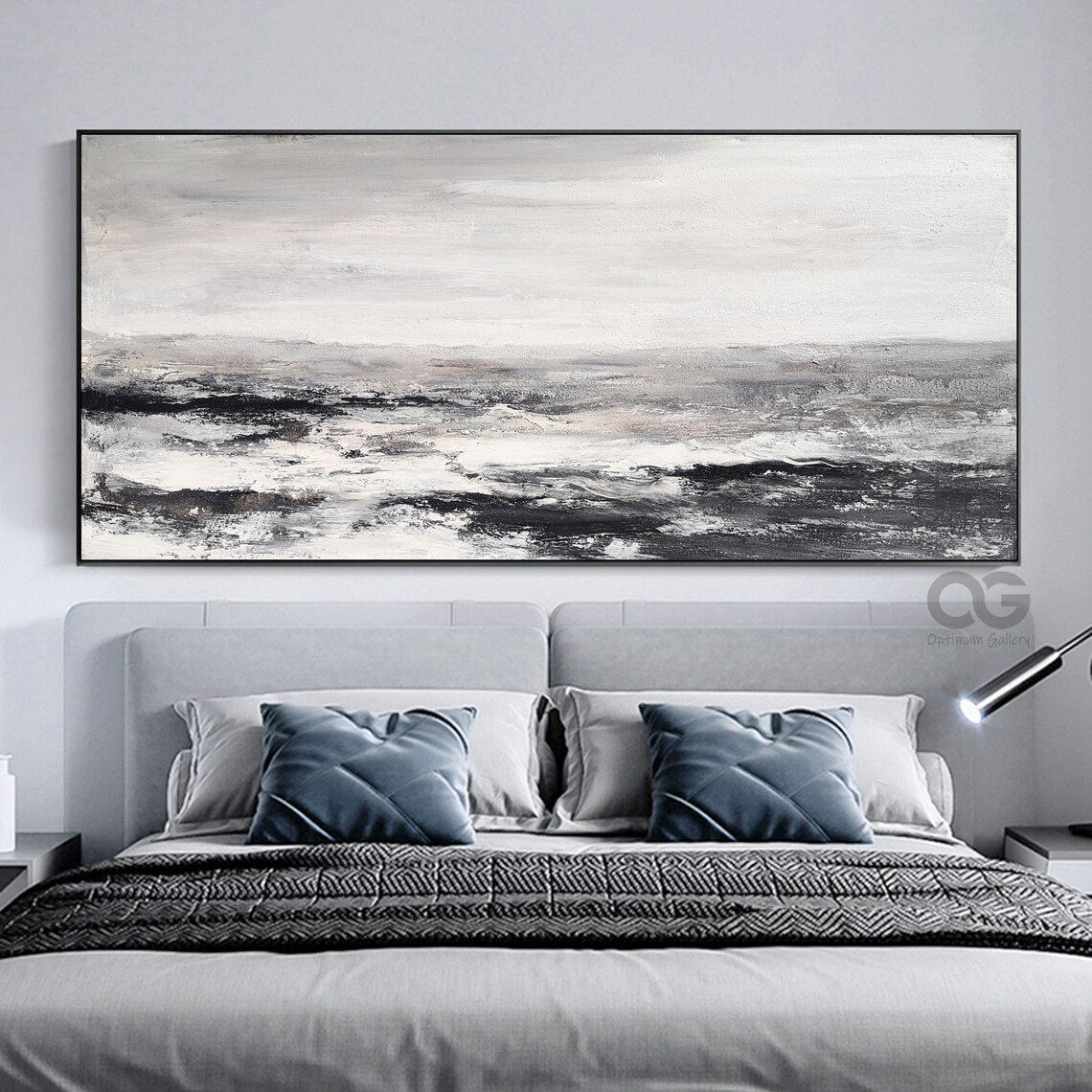 Black White Panoramic Abstract Seascape Textured Waves Monochrome Art Poster - Image 3