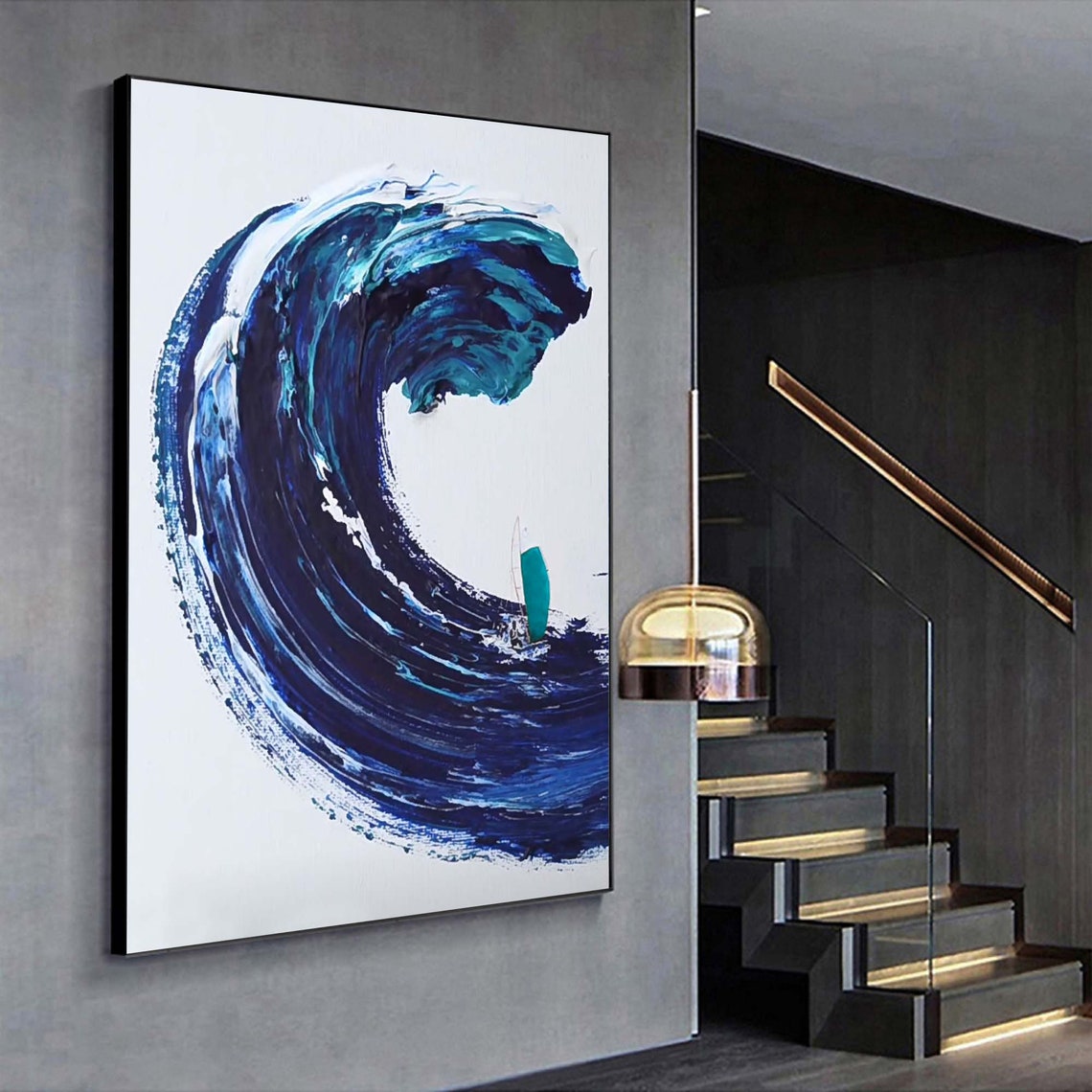 Giant Deep Blue Wave Tiny Surfer Minimal White Background Art Poster - Image 5