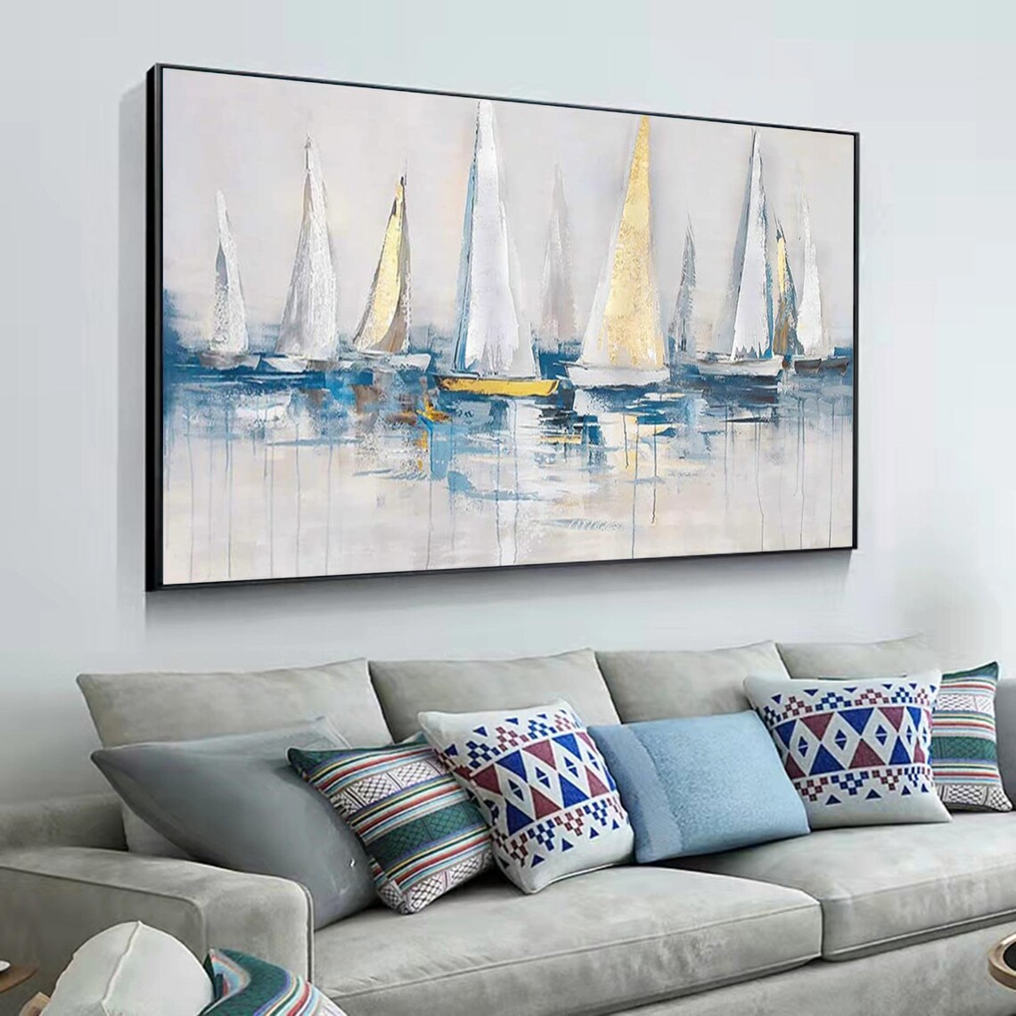 Sailboat Party Harbor Landscape, Oil Painting Art Print - Image 3