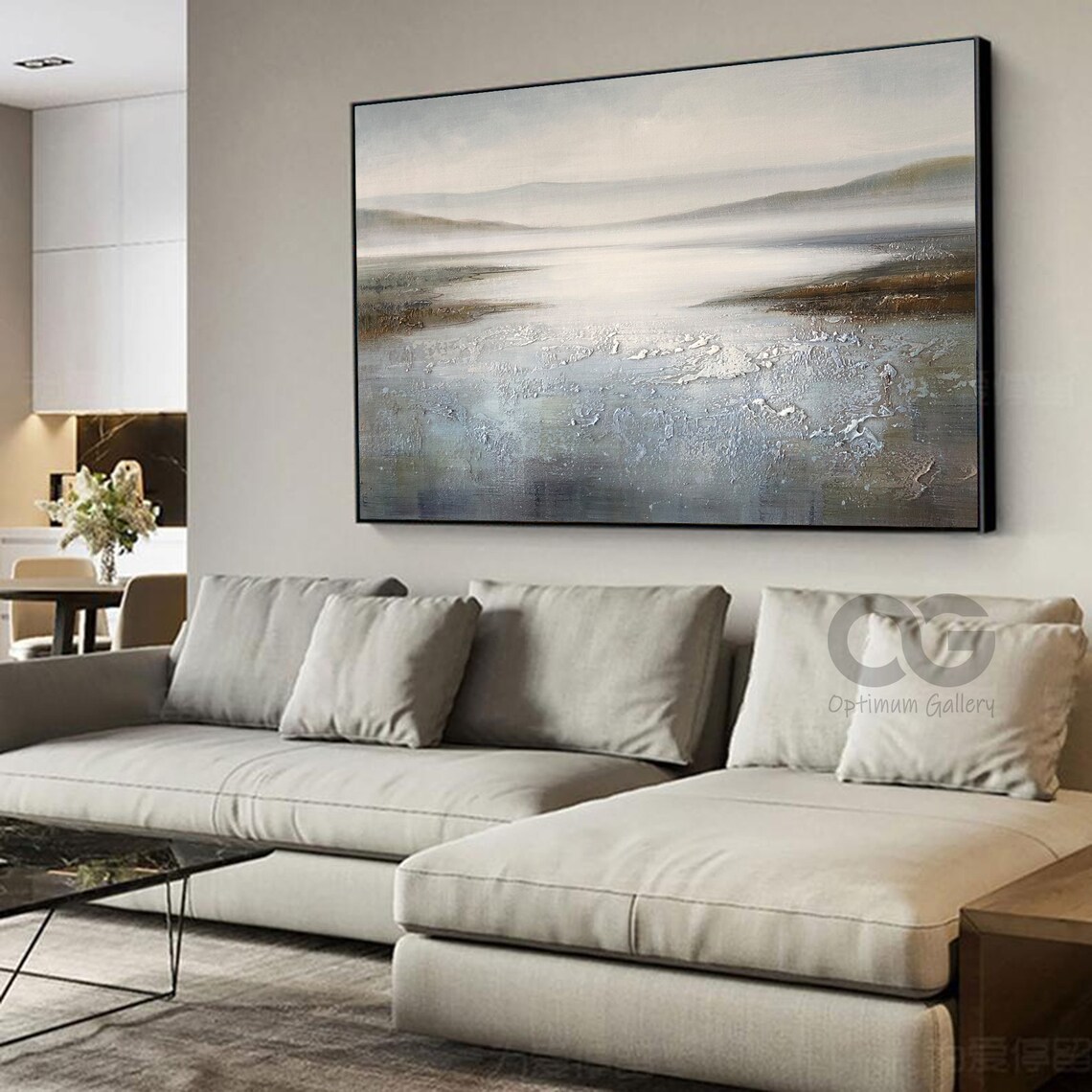 Misty Abstract Lake Seascape Distant Hills Textured Modern Painting Wall Art - Image 5