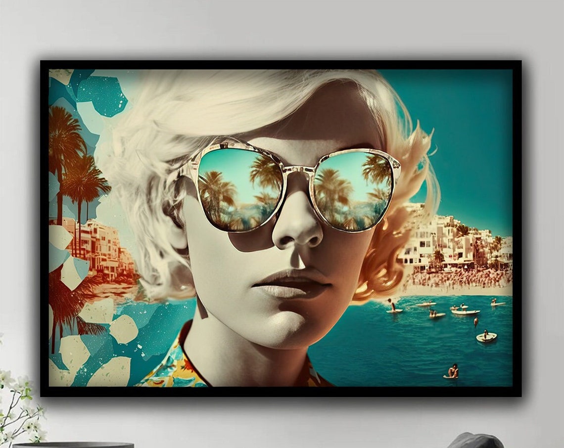 Retro Pop Art Woman Sunglasses Beach Resort Scene Art Poster