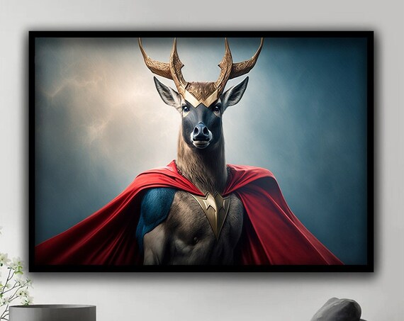 Superhero Deer Wearing Red Cape Gold Emblem Funny Animal Poster