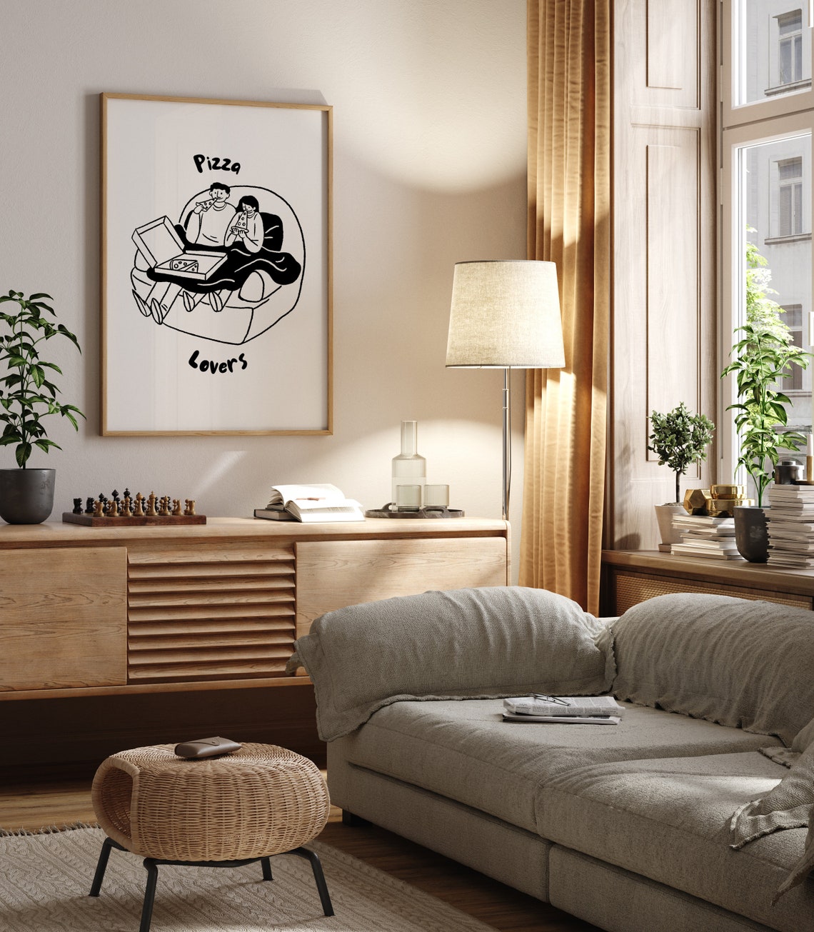 Pizza Lovers Cute Couple Couch Doodle Black White Food Poster - Image 6