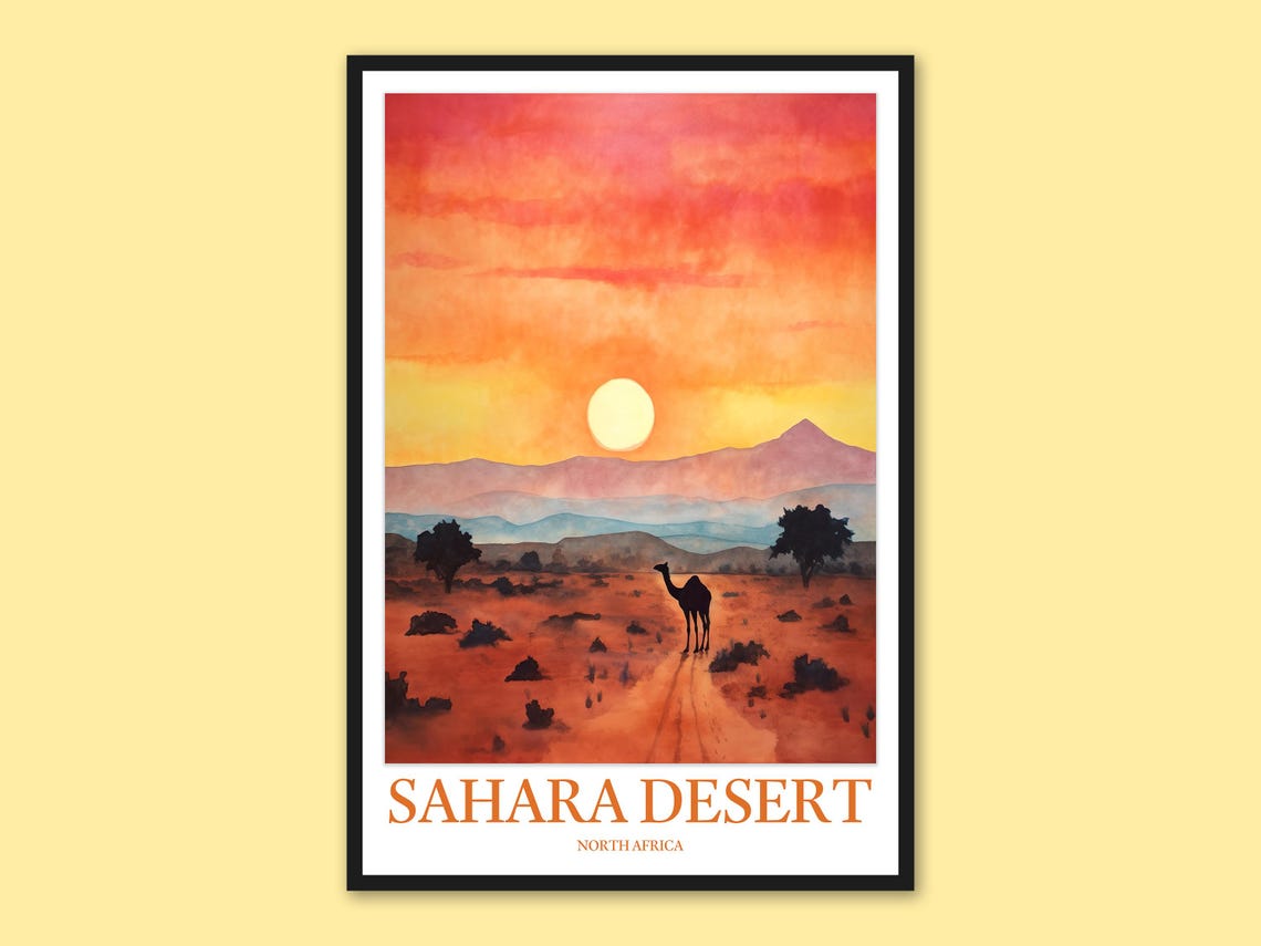 Sahara Desert Camel Silhouette Sunset Red Dunes Travel Poster