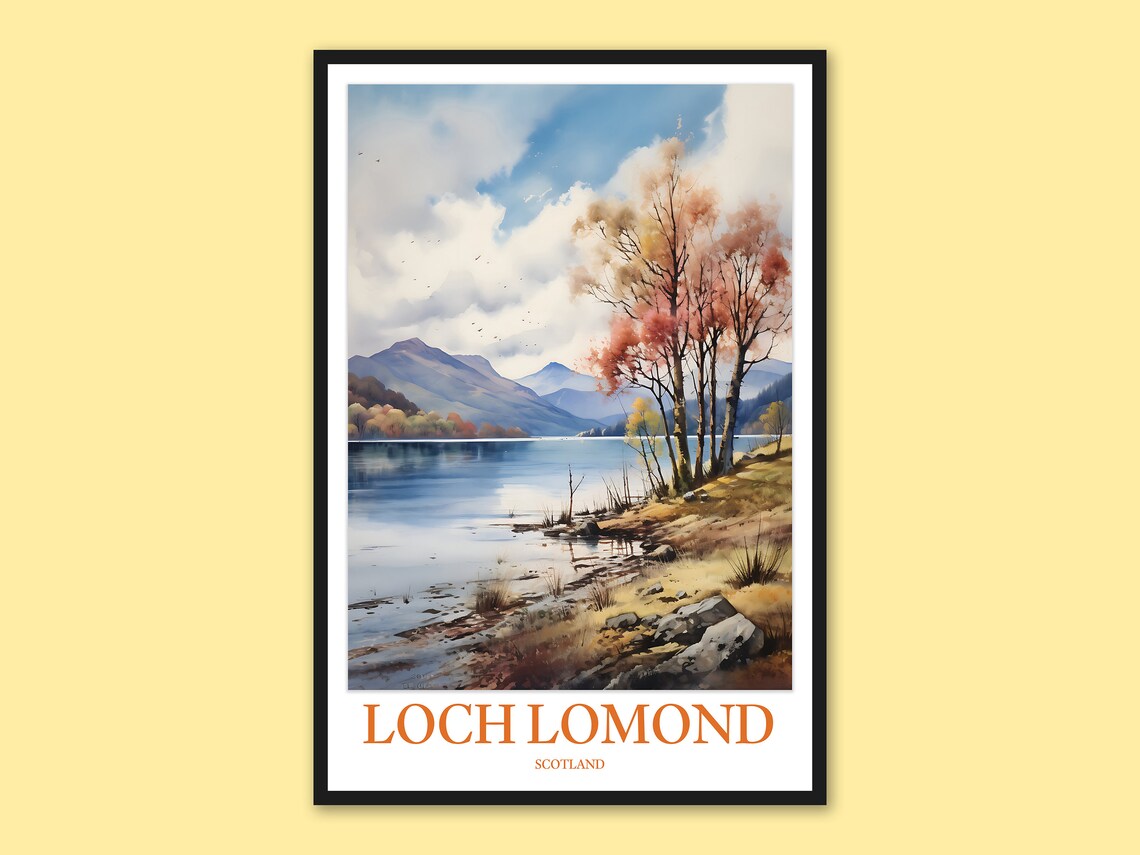 Loch Lomond Scotland Watercolor Birch Trees Calm Lake Travel Print