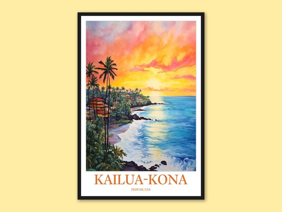 Kailua Kona Hawaii Colorful Sunset Beach Ocean View Travel Poster