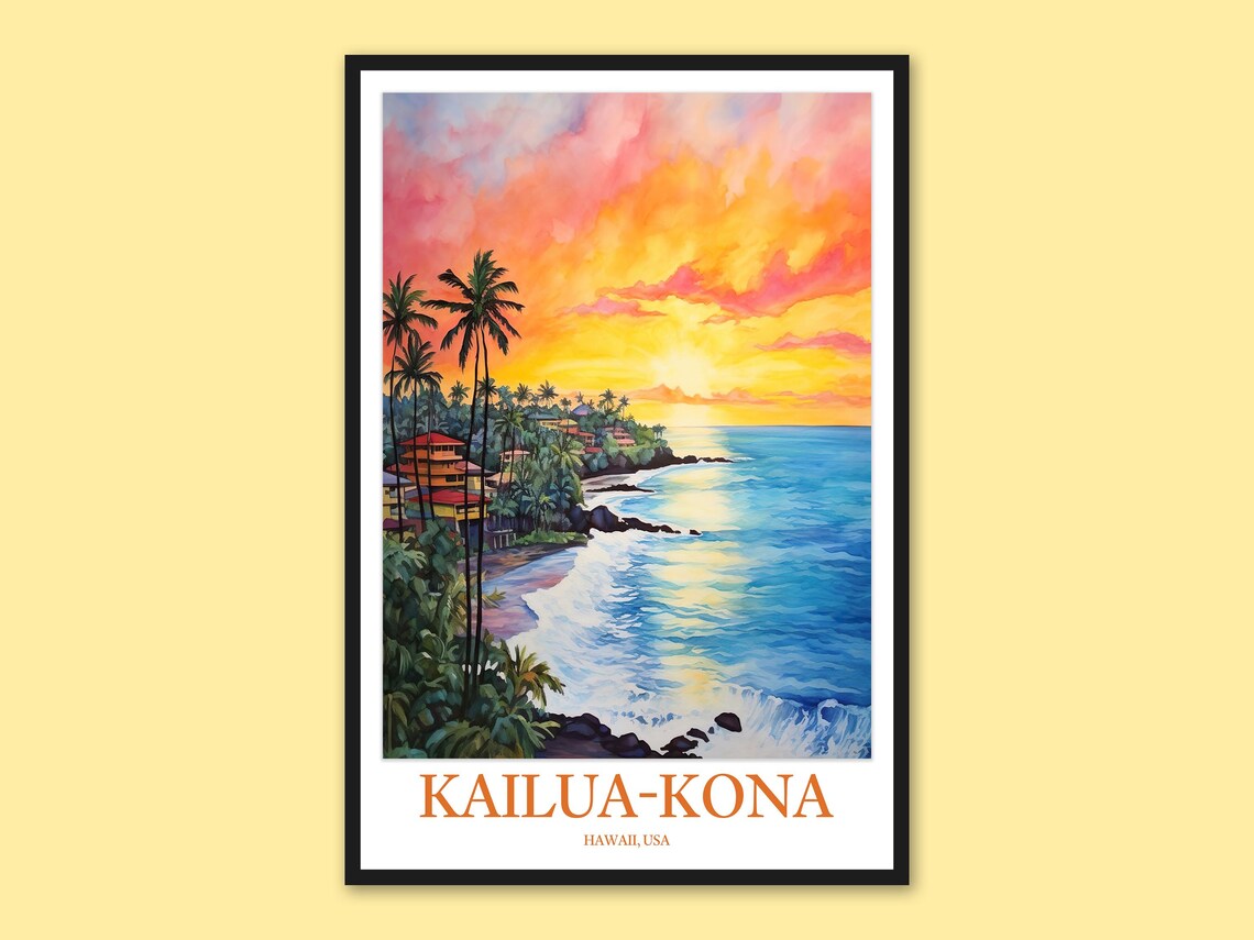 Kailua Kona Hawaii Colorful Sunset Beach Ocean View Travel Poster