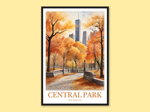Central Park Autumn Bridge Freedom Tower New York Travel Poster