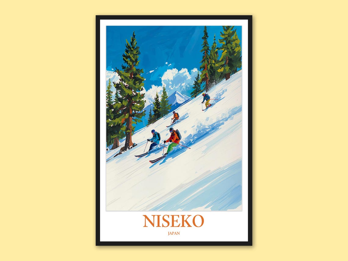Niseko Japan Skiers Racing Sunny Slope Mount Yotei Backdrop Poster