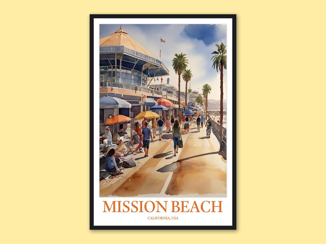 Mission Beach Boardwalk Pavilions Watercolor Coastal Travel Poster