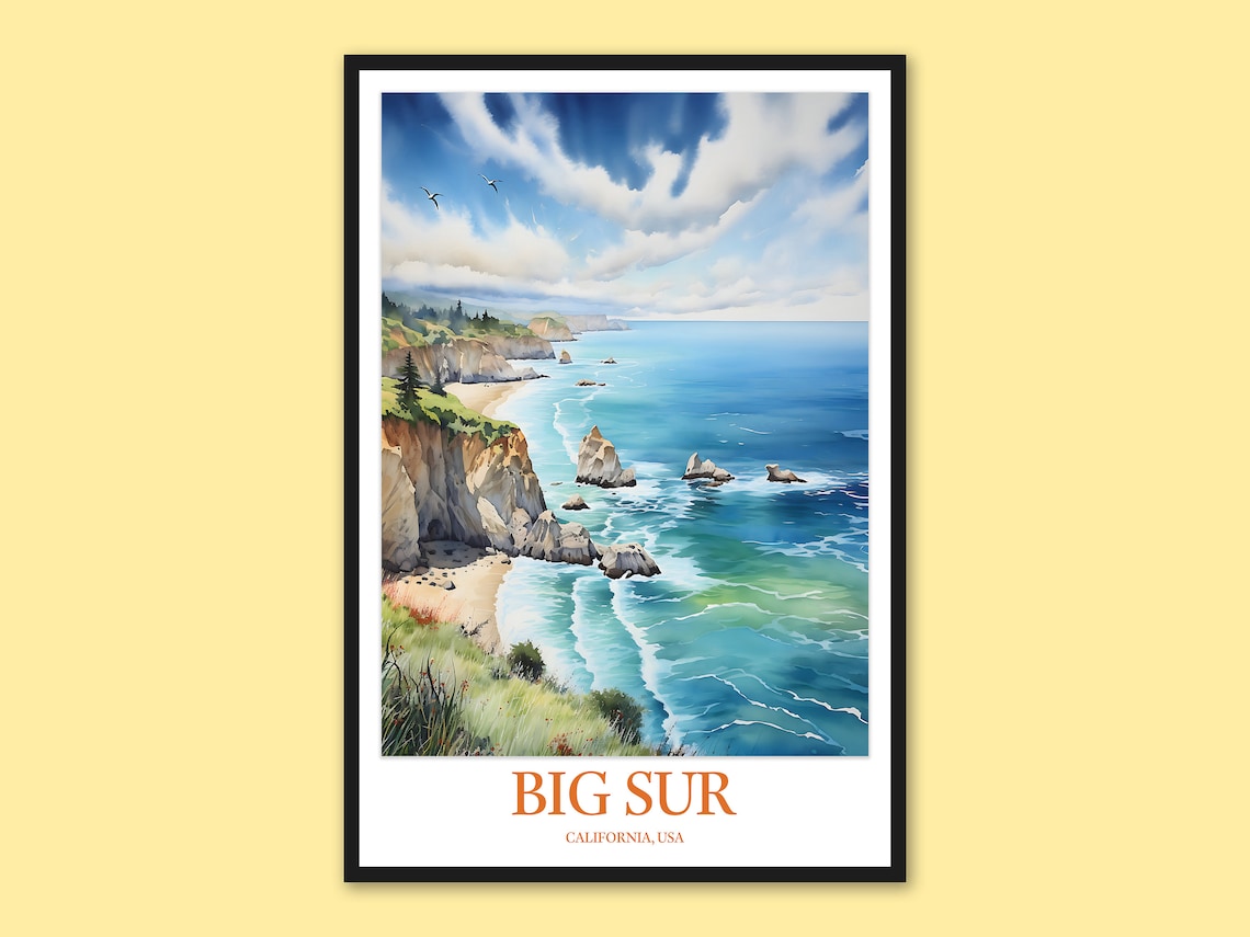 Big Sur Sea Cliffs Cove Ocean Watercolor California Travel Poster