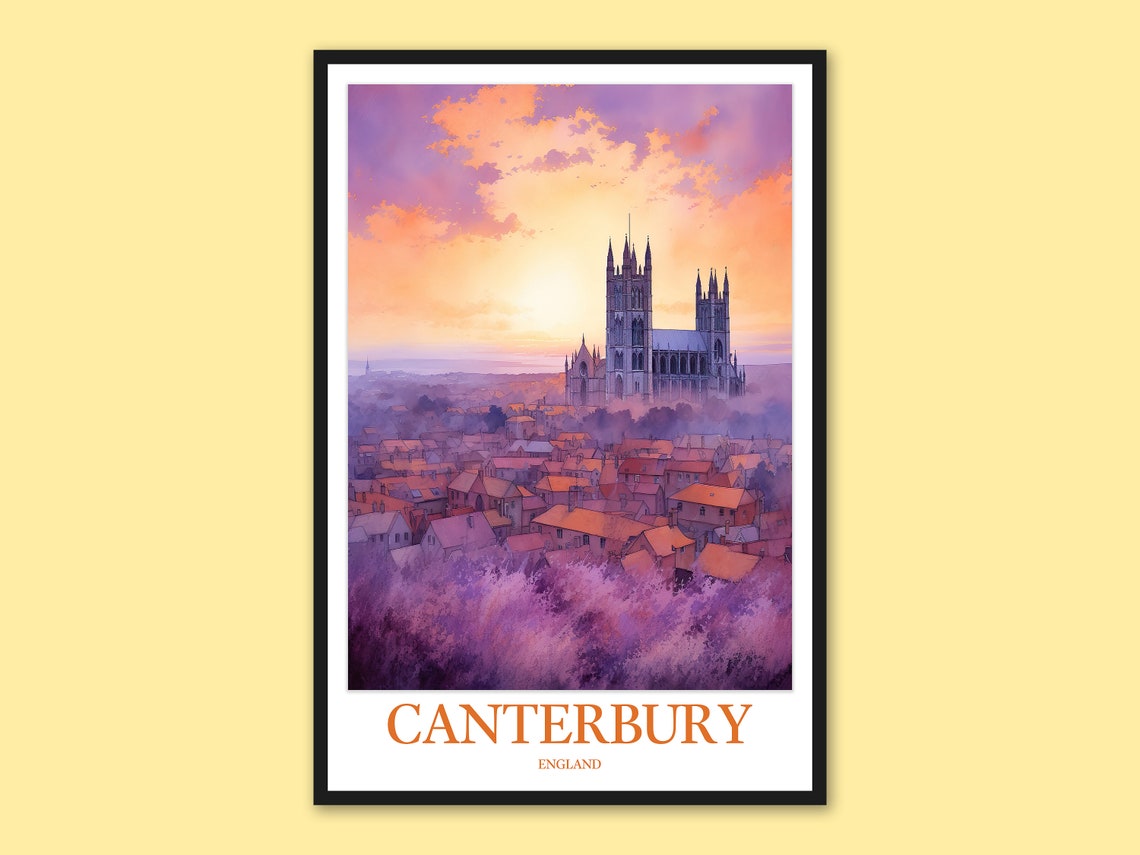 Canterbury England Cathedral Sunset Watercolor Travel Poster