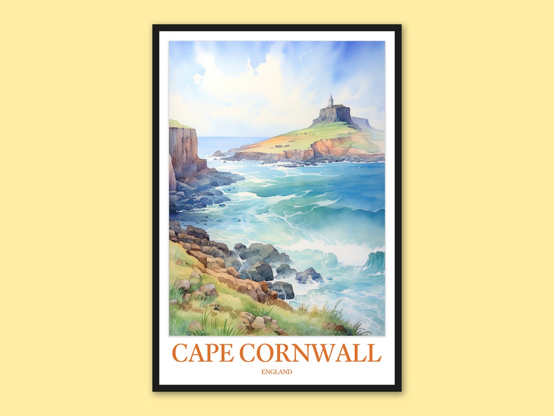 Cape Cornwall England Watercolor Travel Poster Rocky Shore Waves
