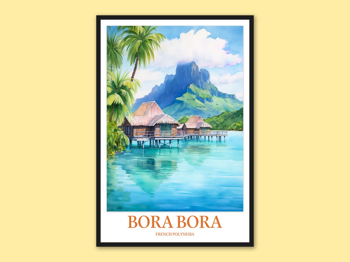 Bora Bora Overwater Bungalows and Palm Trees Lagoon View Poster