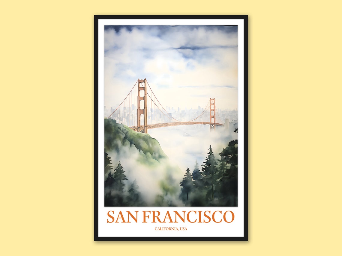 San Francisco Golden Gate Bridge Foggy Bay Watercolor Poster