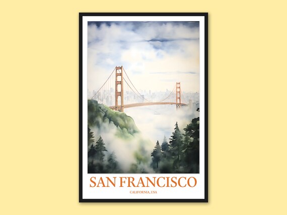San Francisco Golden Gate Bridge Foggy Bay Watercolor Poster